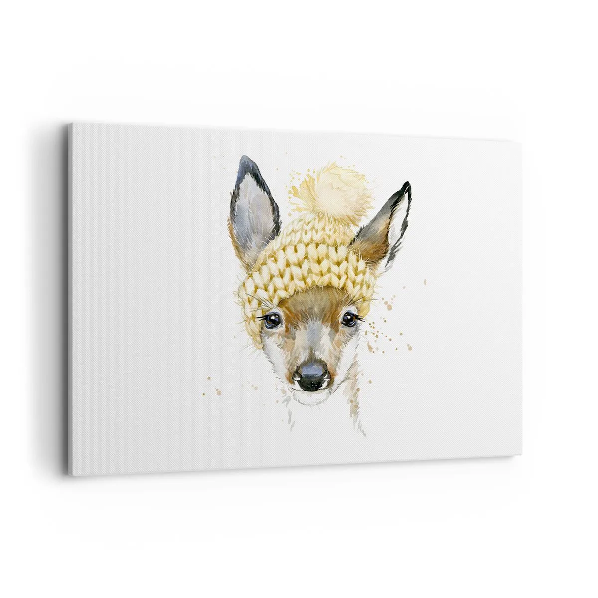 Quadro su tela - Stampe su Tela - Cervo acquerello con berretto giallo - 120x80cm - L'inverno nel bosco innevato - Decorazione murale moderna per soggiorno e camera da letto ARTTOR