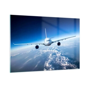 Quadro su vetro - Un aereo passeggeri contro un cielo azzurro e nuvole - 100x70cm - Voglia di volare - Decorazione murale moderna per soggiorno e camera da letto ARTTOR