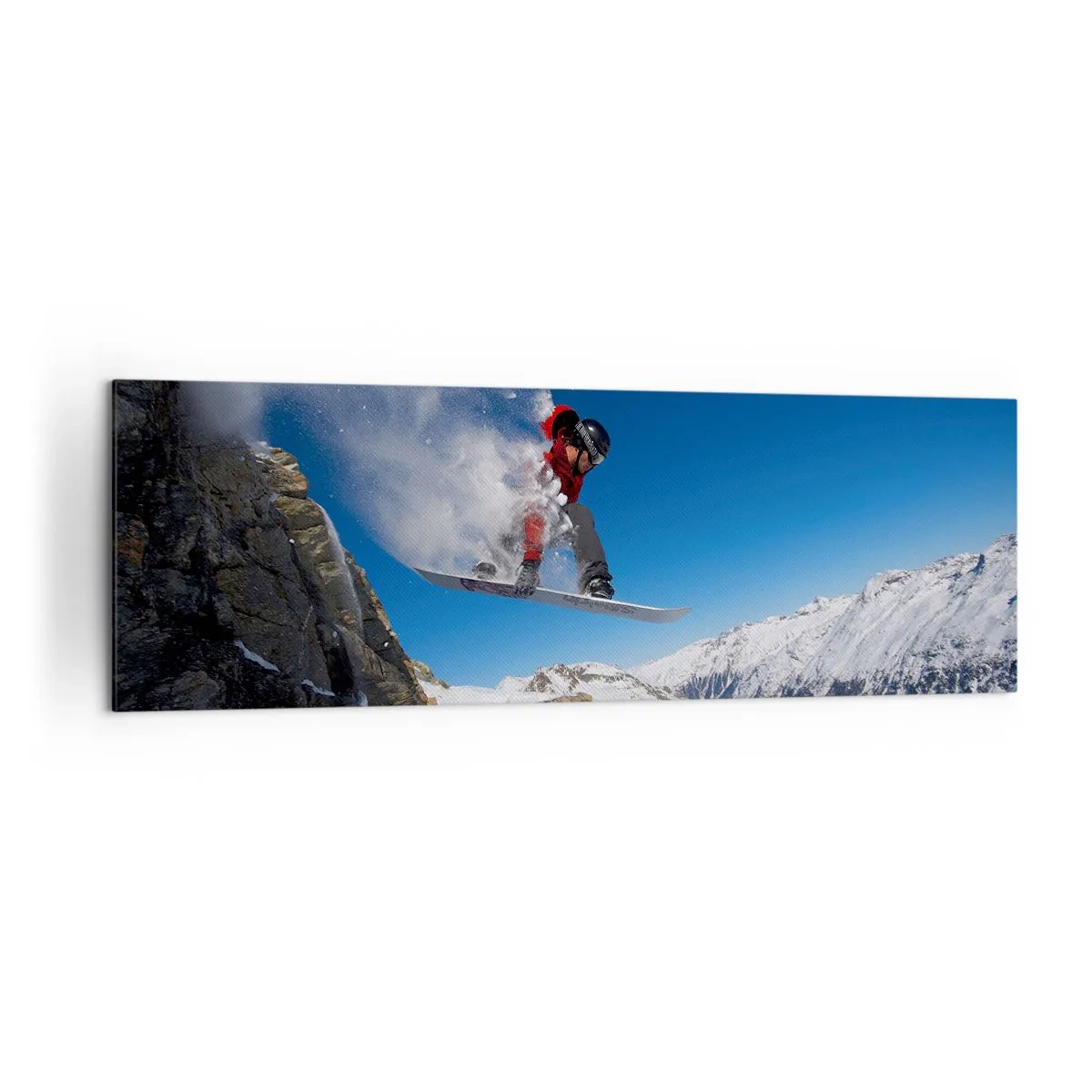 Quadro su tela - Stampe su Tela - Uno snowboarder salta da una roccia contro un paesaggio montano - 160x50cm - E diventi parte del panorama - Decorazione murale moderna per soggiorno e camera da letto ARTTOR