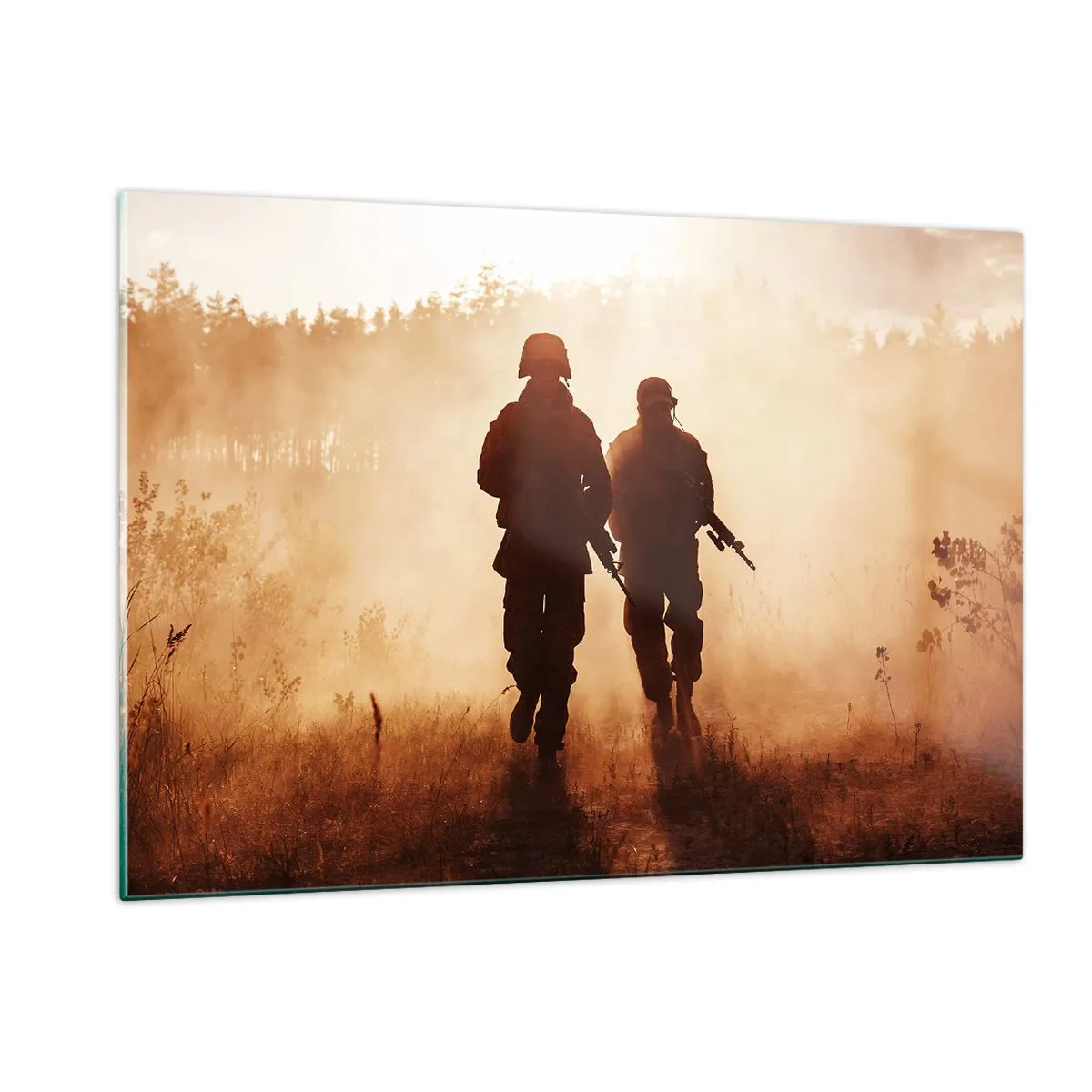 Quadro su vetro - Due soldati in azione sullo sfondo del sole al tramonto - 120x80cm - Call of Duty - Decorazione murale moderna per soggiorno e camera da letto ARTTOR