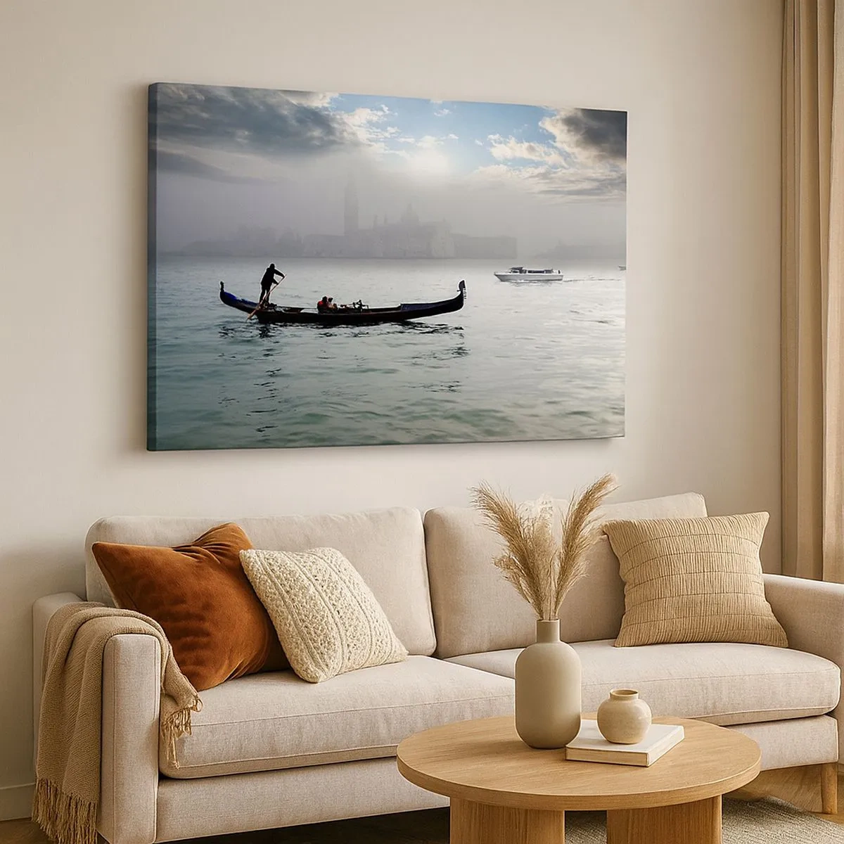 Quadro su tela - Stampe su Tela - Una gondola scivola sulle acque di Venezia in una mattina nebbiosa, sovrastando la città. - 70x50cm - Città magica di acqua e nebbia - Decorazione murale moderna per soggiorno e camera da letto ARTTOR