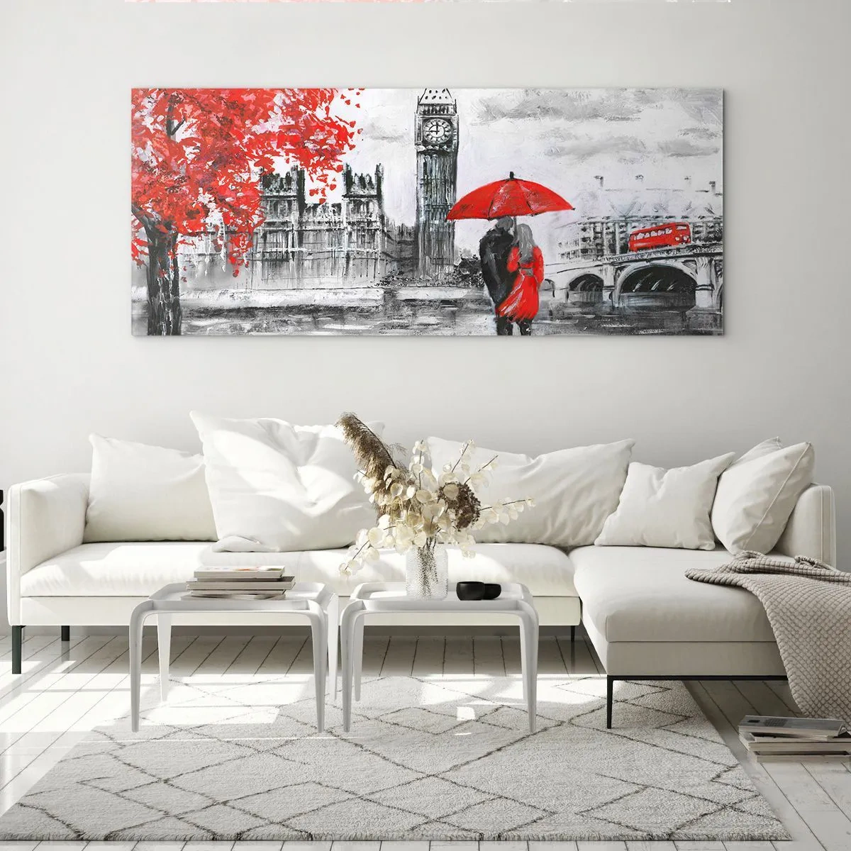 Quadro su vetro - Scena romantica con il Big Ben e un ombrello rosso - 120x50cm - Innamorati a Londra - Decorazione murale moderna per soggiorno e camera da letto ARTTOR