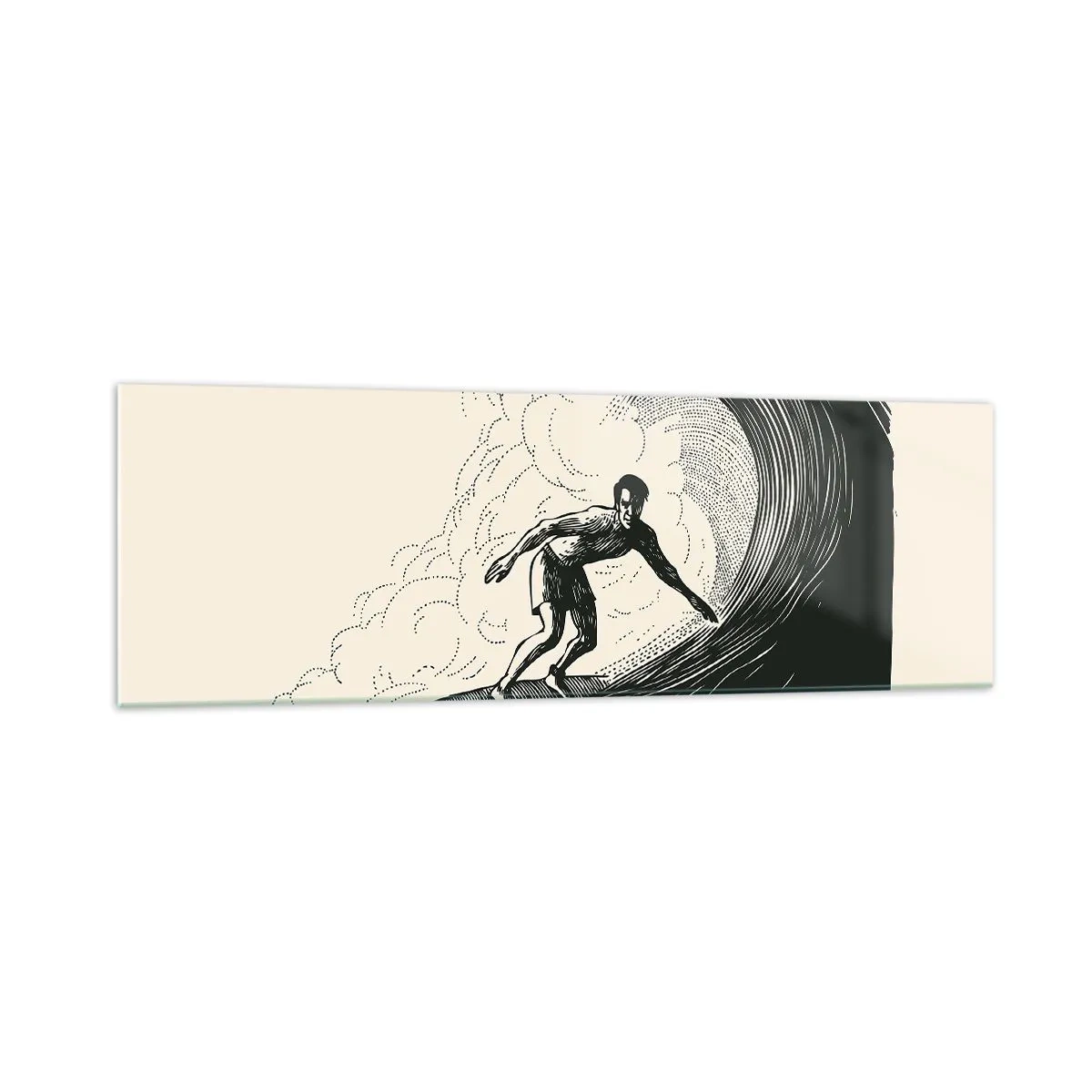 Quadro su vetro - Grafica in bianco e nero di un surfista che cavalca un'onda - 160x50cm - Il re delle onde - Decorazione murale moderna per soggiorno e camera da letto ARTTOR