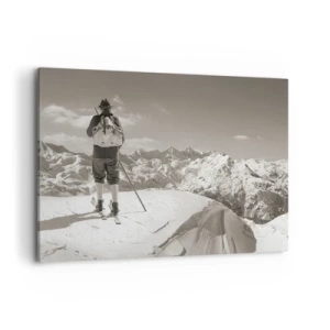 Quadro su tela - Stampe su Tela - Uno sciatore in cima a una montagna in bianco e nero - 100x70cm - E i monti sono immutabili - Decorazione murale moderna per soggiorno e camera da letto ARTTOR