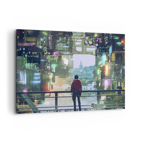 Quadro su tela - Stampe su Tela - Una figura in una città futuristica con luci al neon - 100x70cm - Due mondi - Decorazione murale moderna per soggiorno e camera da letto ARTTOR