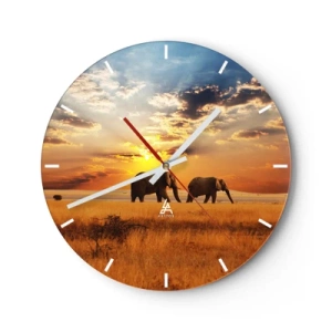 Orologio da parete - Orologio in Vetro - Elefanti che camminano nella savana al tramonto - 30x30cm - Passeggiata familiare - Decorazione murale moderna per soggiorno, cucina e camera da letto ARTTOR