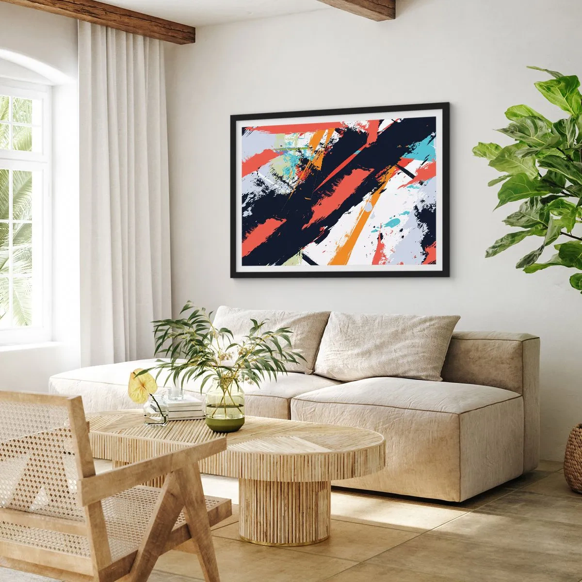 Poster in cornice nera - Pennellate astratte in colori vivaci - 70x50cm - Composizione dinamica - Decorazione murale moderna per soggiorno e camera da letto ARTTOR