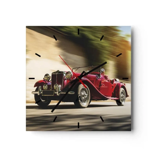 Orologio da parete - Orologio in Vetro - Auto d'epoca rossa in movimento su una strada soleggiata - 30x30cm - Più bella della Nike di Samotracia - Decorazione murale moderna per soggiorno e camera da letto ARTTOR