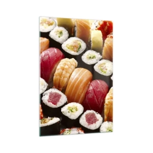 Quadro su vetro - Sushi colorati disposti in file con vari condimenti - 70x100cm - Colori e sapori dell'Asia - Decorazione murale moderna per soggiorno e camera da letto ARTTOR