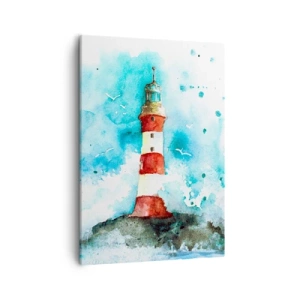 Quadro su tela - Stampe su Tela - Un faro in un ambiente acquerello con uno sfondo blu - 50x70cm - L'unità dei quattro elementi - Decorazione murale moderna per soggiorno e camera da letto ARTTOR