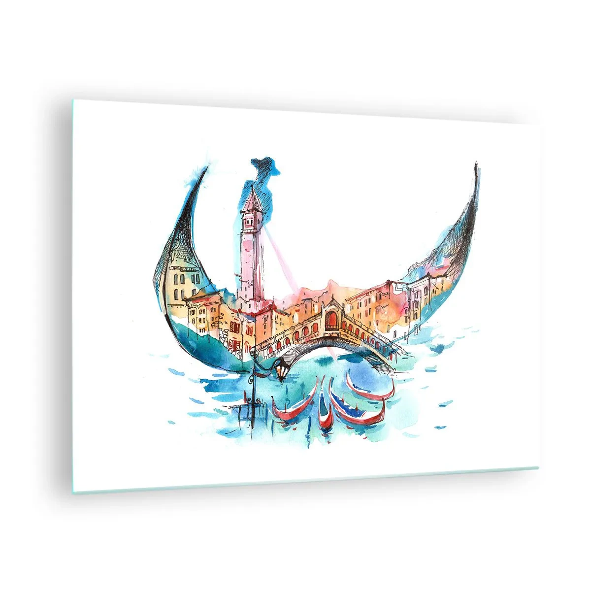 Quadro su vetro - Panorama acquerello di Venezia a forma di maschera - 70x50cm - Navighiamo dentro la città - Decorazione murale moderna per soggiorno e camera da letto ARTTOR