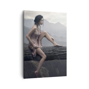 Quadro su tela - Stampe su Tela - Una donna e un gatto su un tronco d'albero sotto la pioggia, con vista sulle montagne. - 50x70cm - Cime di bellezza - Decorazione murale moderna per soggiorno e camera da letto ARTTOR