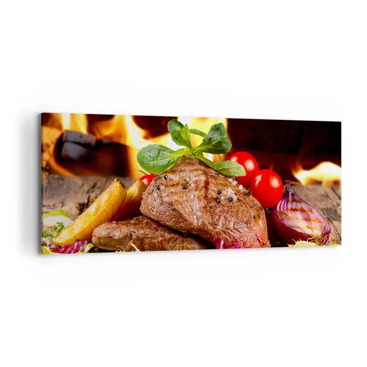 Quadro su tela - Stampe su Tela - Bistecca alla griglia con contorni sullo sfondo delle fiamme - 120x50cm - Incantate dal fuoco - Decorazione murale moderna per soggiorno e camera da letto ARTTOR