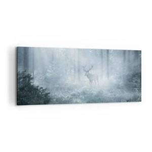Quadro su tela - Stampe su Tela - Un cervo in una fitta foresta avvolto nella nebbia mattutina - 120x50cm - Passeggiata mattutina sulle sue terre - Decorazione murale moderna per soggiorno e camera da letto ARTTOR