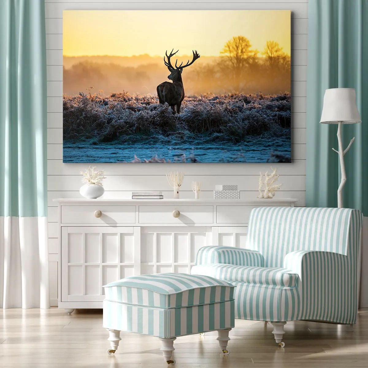Quadro su tela - Stampe su Tela - Un cervo in una radura gelida all'alba - 120x80cm - Incoronato nelle sue terre - Decorazione murale moderna per soggiorno e camera da letto ARTTOR