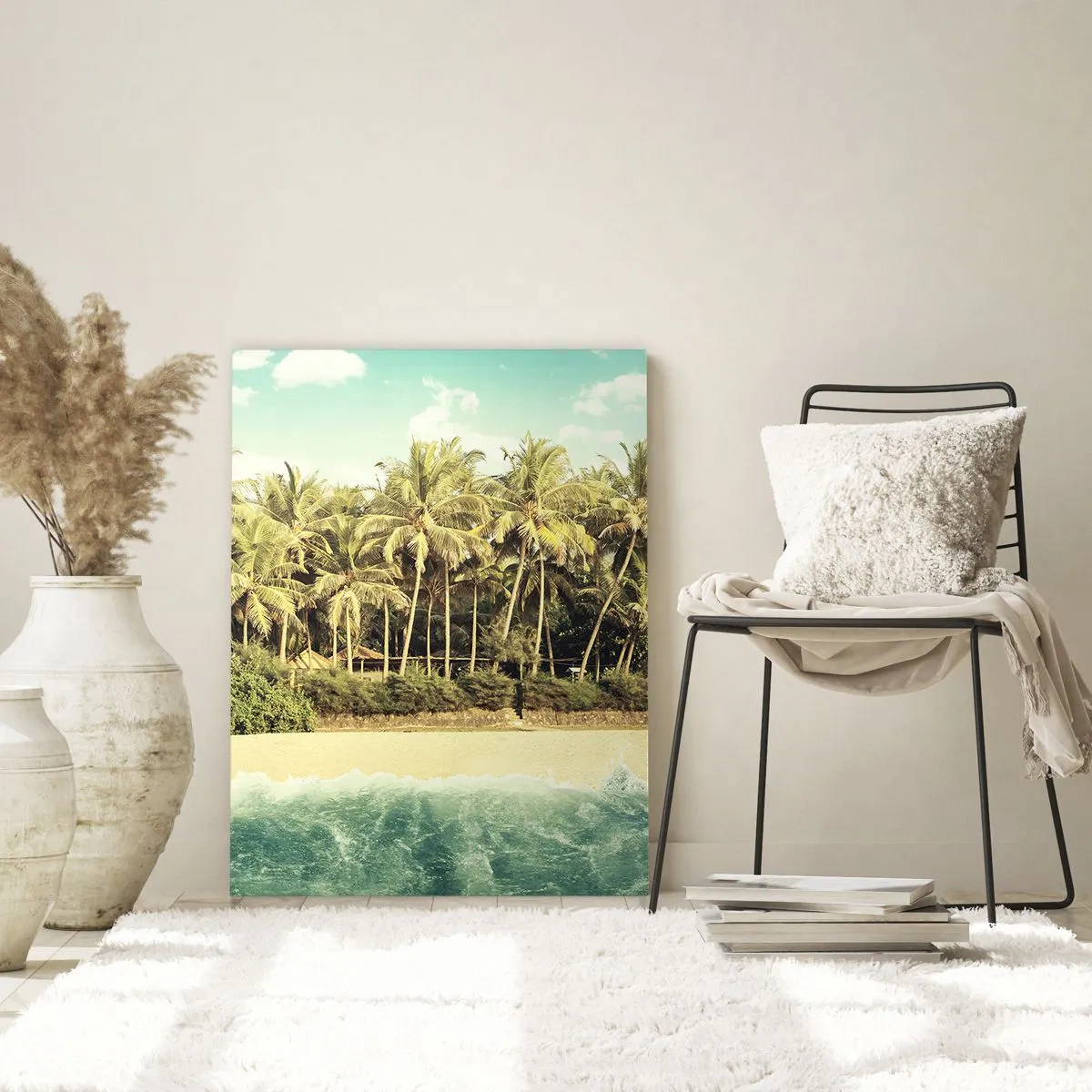 Quadro su vetro - Spiaggia tropicale con palme e mare turchese - 70x100cm - Forse qui? - Decorazione murale moderna per soggiorno e camera da letto ARTTOR