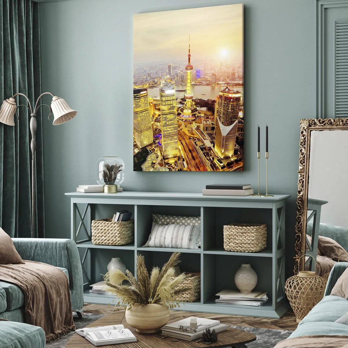 Quadro su tela - Stampe su Tela - Panorama della città con grattacieli al tramonto - 70x100cm - Sogno asiatico - Decorazione murale moderna per soggiorno e camera da letto ARTTOR