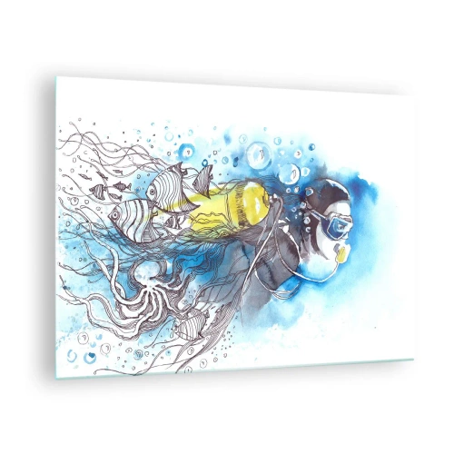 Quadro su vetro - Subacqueo sott'acqua con pesci in acquerello artistico - 70x50cm - Il grande blu - Decorazione murale moderna per soggiorno e camera da letto ARTTOR