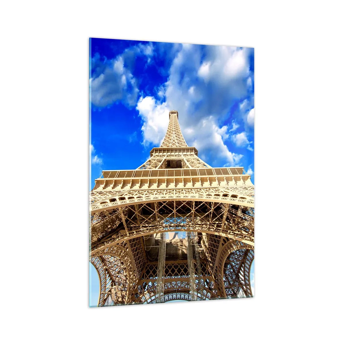 Quadro su vetro - La Torre Eiffel dal basso contro un cielo blu - 70x100cm - Toccare il cielo e le nuvole - Decorazione murale moderna per soggiorno e camera da letto ARTTOR