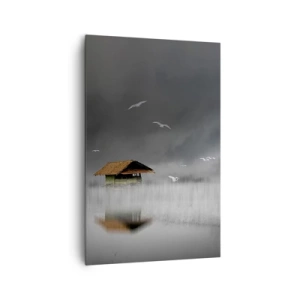 Quadro su tela - Stampe su Tela - Un cottage solitario sull'acqua circondato da nebbia e uccelli - 80x120cm - Riparo dalla pioggia - Decorazione murale moderna per soggiorno e camera da letto ARTTOR