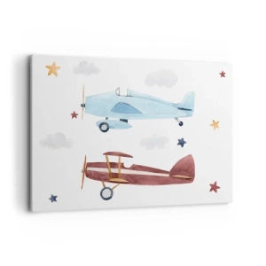 Quadro su tela - Stampe su Tela - Aeroplani dipinti a mano su uno sfondo di nuvole e stelle - 100x70cm - Aspettando il pilota - Decorazione murale moderna per soggiorno e camera da letto ARTTOR