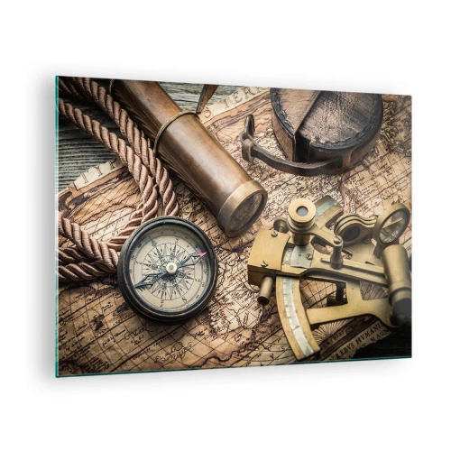 Quadro su vetro - Bussola, mappa e strumenti di navigazione in stile retrò - 70x50cm - Traccia la rotta - Decorazione murale moderna per soggiorno e camera da letto ARTTOR