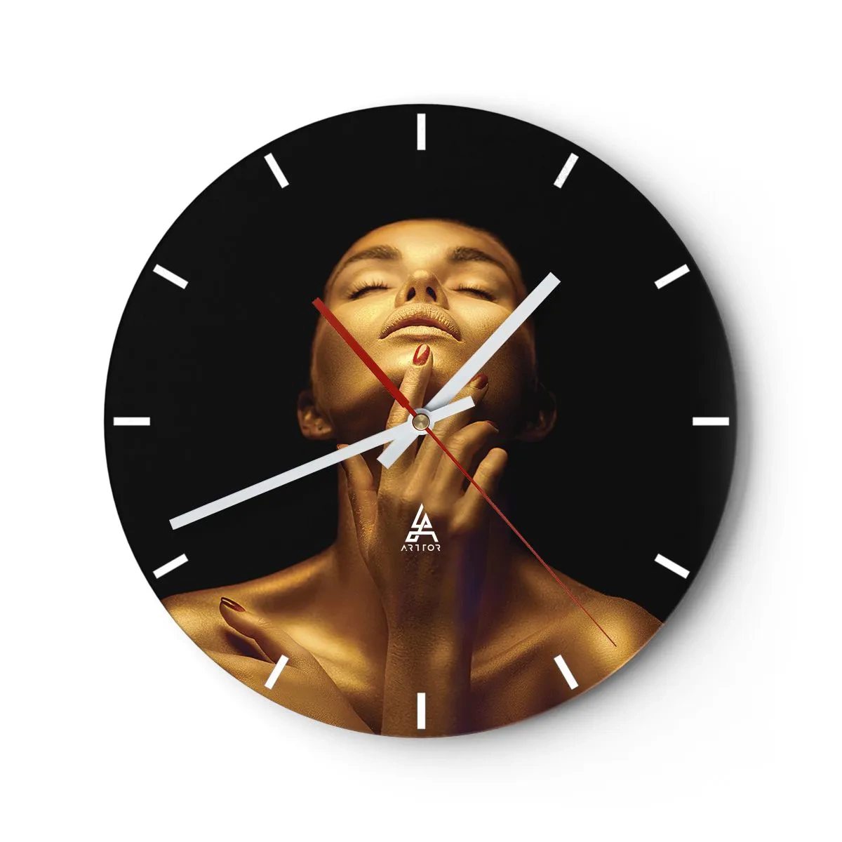 Orologio da parete - Orologio in Vetro - Ritratto sensuale di una donna in oro su sfondo nero - 30x30cm - Come seta d'oro - Decorazione murale moderna per soggiorno, cucina e camera da letto ARTTOR