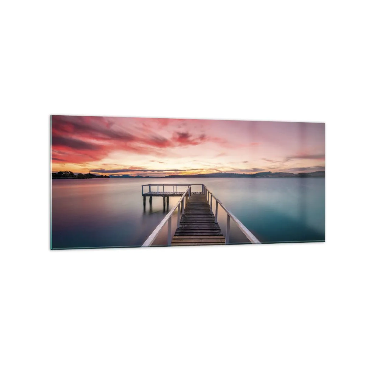 Quadro su vetro - Un molo che conduce a un lago tranquillo al tramonto - 120x50cm - La fiamma mite della sera - Decorazione murale moderna per soggiorno e camera da letto ARTTOR