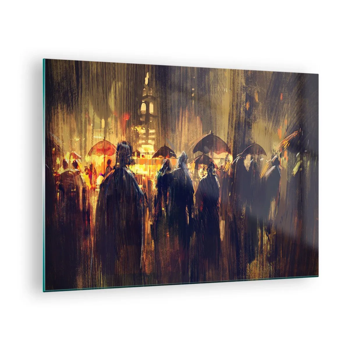 Quadro su vetro - Una folla con ombrelli sotto la pioggia sullo sfondo delle luci della città - 70x50cm - Gli adoratori della pioggia - Decorazione murale moderna per soggiorno e camera da letto ARTTOR
