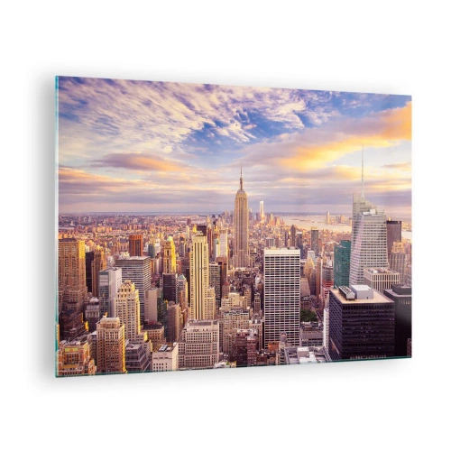 Quadro su vetro - Panorama della città con grattacieli al tramonto - 70x50cm - Toccando le nuvole - Decorazione murale moderna per soggiorno e camera da letto ARTTOR