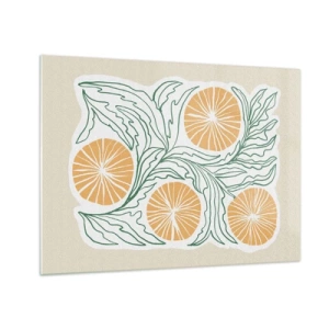 Quadro su vetro - Frutti arancioni e foglie verdi in una composizione grafica - 70x50cm - Etnicamente con una nota di astrazione - Decorazione murale moderna per soggiorno e camera da letto ARTTOR