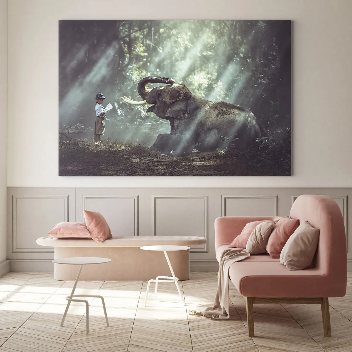 Quadro su vetro - Un ragazzo con un libro e un elefante in una foresta - 120x80cm - Ascoltalo… - Decorazione murale moderna per soggiorno e camera da letto ARTTOR