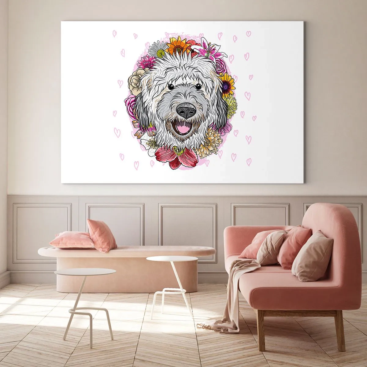 Quadro su vetro - Illustrazione di un cane circondato da fiori - 120x80cm - Gioia di cucciolo - Decorazione murale moderna per soggiorno e camera da letto ARTTOR