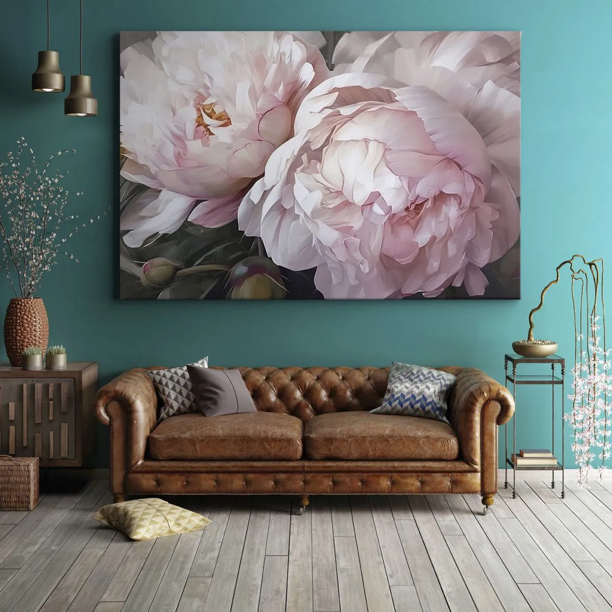 Quadro su tela - Stampe su Tela - Delicate peonie rosa in piena fioritura - 100x70cm - L'attimo della fioritura - Decorazione murale moderna per soggiorno e camera da letto ARTTOR