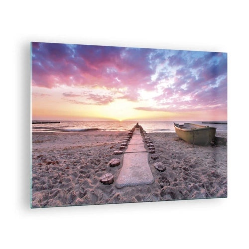 Quadro su vetro - Spiaggia al tramonto con barca e molo - 70x50cm - Un momento profondo - Decorazione murale moderna per soggiorno e camera da letto ARTTOR