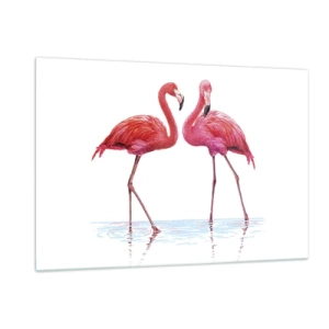 Quadro su vetro - Due fenicotteri rosa in piedi nell'acqua - 120x80cm - Appuntamento in rosa - Decorazione murale moderna per soggiorno e camera da letto ARTTOR