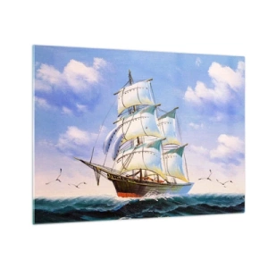 Quadro su vetro - Una nave a vela in alto mare sotto un cielo azzurro - 70x50cm - Con orgoglio nel vento - Decorazione murale moderna per soggiorno e camera da letto ARTTOR