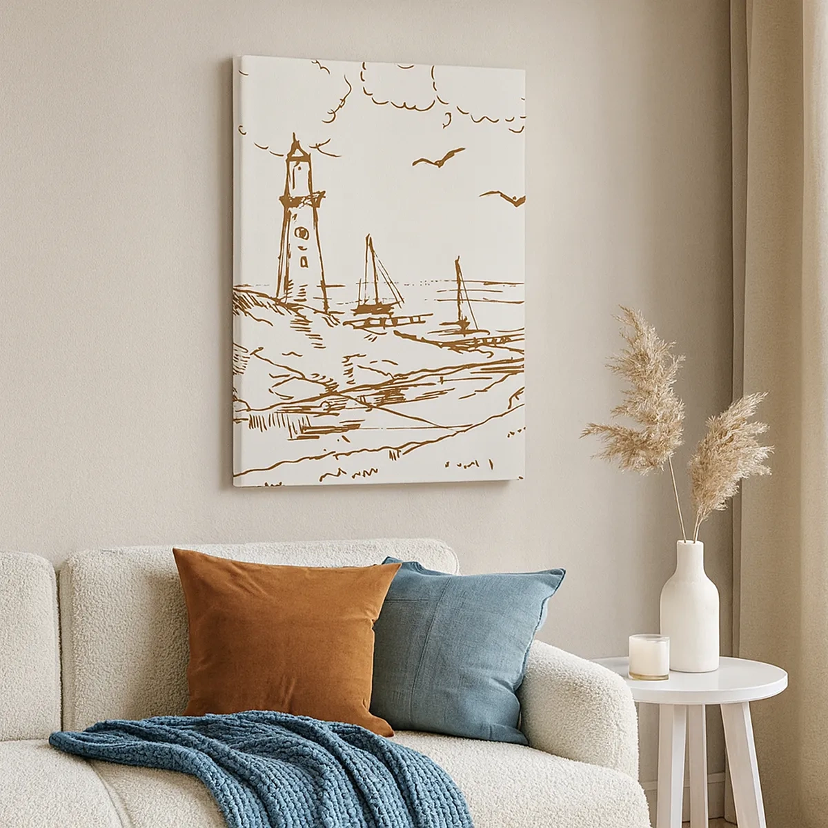 Quadro su tela - Stampe su Tela - Schizzo di un faro che domina il mare - 50x70cm - Schizzo dei ricordi d'estate - Decorazione murale moderna per soggiorno e camera da letto ARTTOR