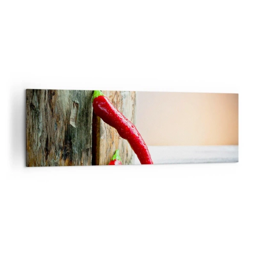 Quadro su tela - Stampe su Tela - Due peperoncini rossi su uno sfondo di legno con un accento rustico - 160x50cm - Red hot chili peppers - Decorazione murale moderna per soggiorno e camera da letto ARTTOR