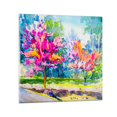 Quadro su vetro - Giardino multicolore nella luce della primavera - 30x30 cm