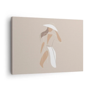 Quadro su tela - Stampe su Tela - Un disegno minimalista di una donna con un cappello su uno sfondo beige. - 70x50cm - La moda è un gioco - Decorazione murale moderna per soggiorno e camera da letto ARTTOR