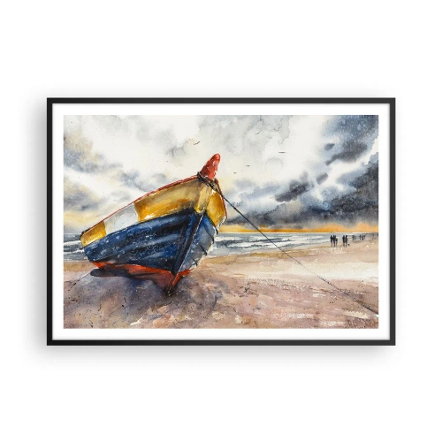 Poster in cornice nera - Una pittoresca barca sulla spiaggia sotto un cielo nuvoloso - 100x70cm - Riposo sulla riva - Decorazione murale moderna per soggiorno e camera da letto ARTTOR