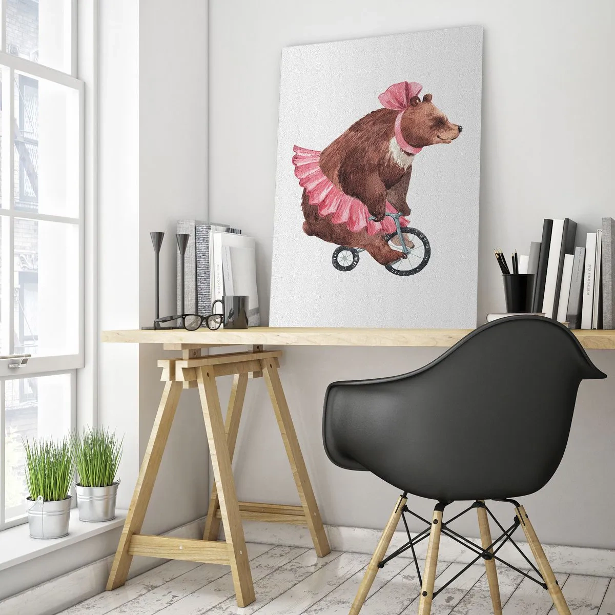 Quadro su vetro - Un orsacchiotto con una gonna rosa su una bicicletta in stile retrò - 70x100cm - Evviva il circo! - Decorazione murale moderna per soggiorno e camera da letto ARTTOR