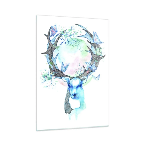 Quadro su vetro - Illustrazione di un cervo con farfalle sulle sue corna - 50x70cm - La forza e la delicatezza della natura - Decorazione murale moderna per soggiorno e camera da letto ARTTOR