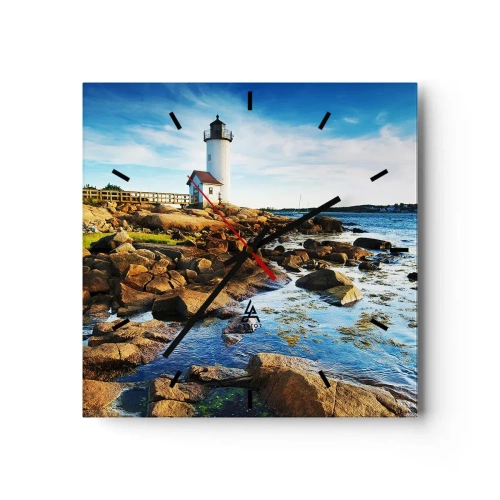 Orologio da parete - Orologio in Vetro - Un faro su una costa rocciosa in una giornata di sole - 30x30cm - Tornate sani e salvi, vi aspetto - Decorazione murale moderna per soggiorno e camera da letto ARTTOR