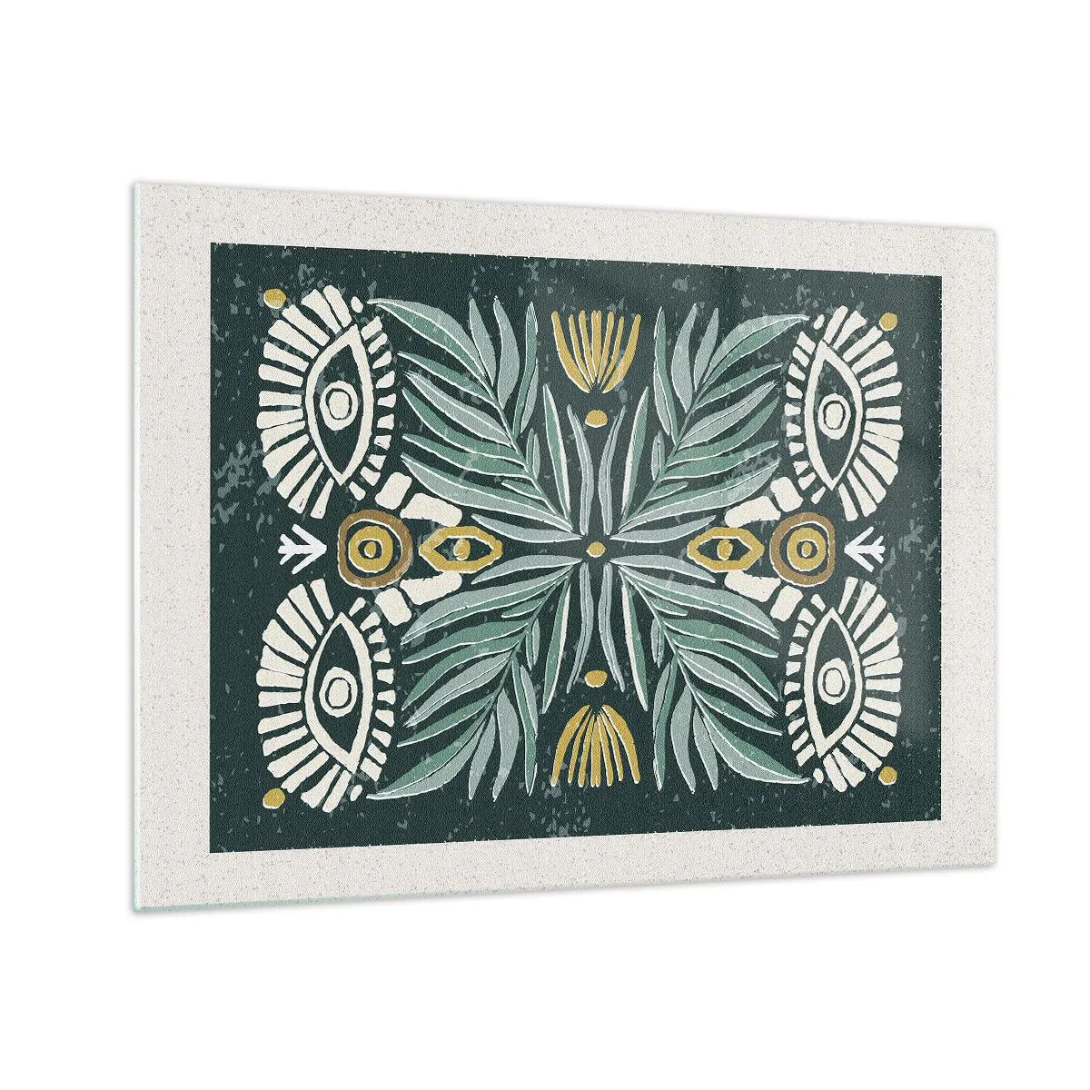 Quadro su vetro - Una composizione simmetrica di foglie e motivi in stile folk - 70x50cm - Geometrie di arte popolare - Decorazione murale moderna per soggiorno e camera da letto ARTTOR