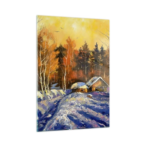 Quadro su vetro - Paesaggio invernale con una casetta di legno al tramonto - 50x70cm - Impressionismo invernale al sole - Decorazione murale moderna per soggiorno e camera da letto ARTTOR
