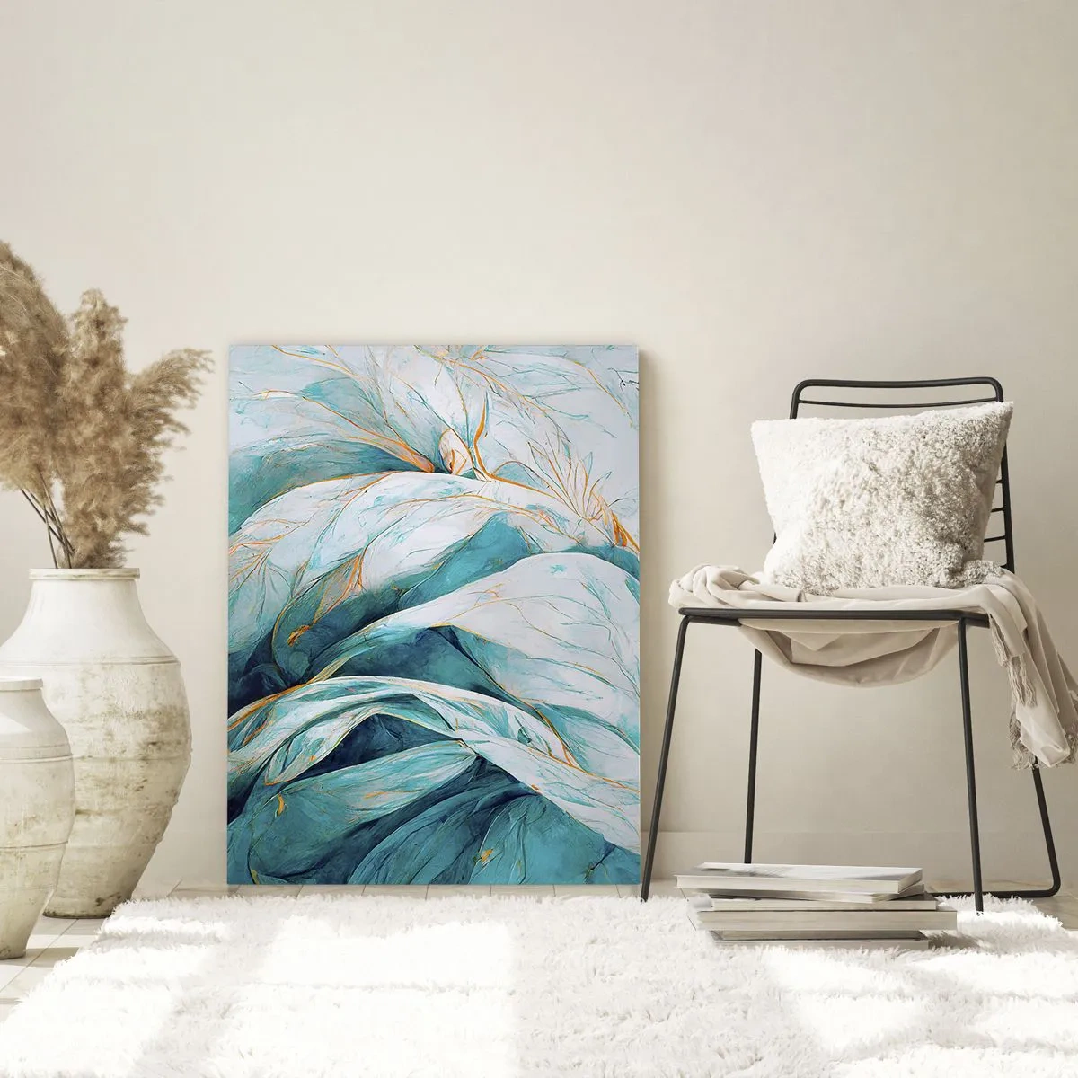 Quadro su vetro - Astrazione organica in linee blu e oro - 50x70cm - Astrazione blu con motivi d'oro - Decorazione murale moderna per soggiorno e camera da letto ARTTOR