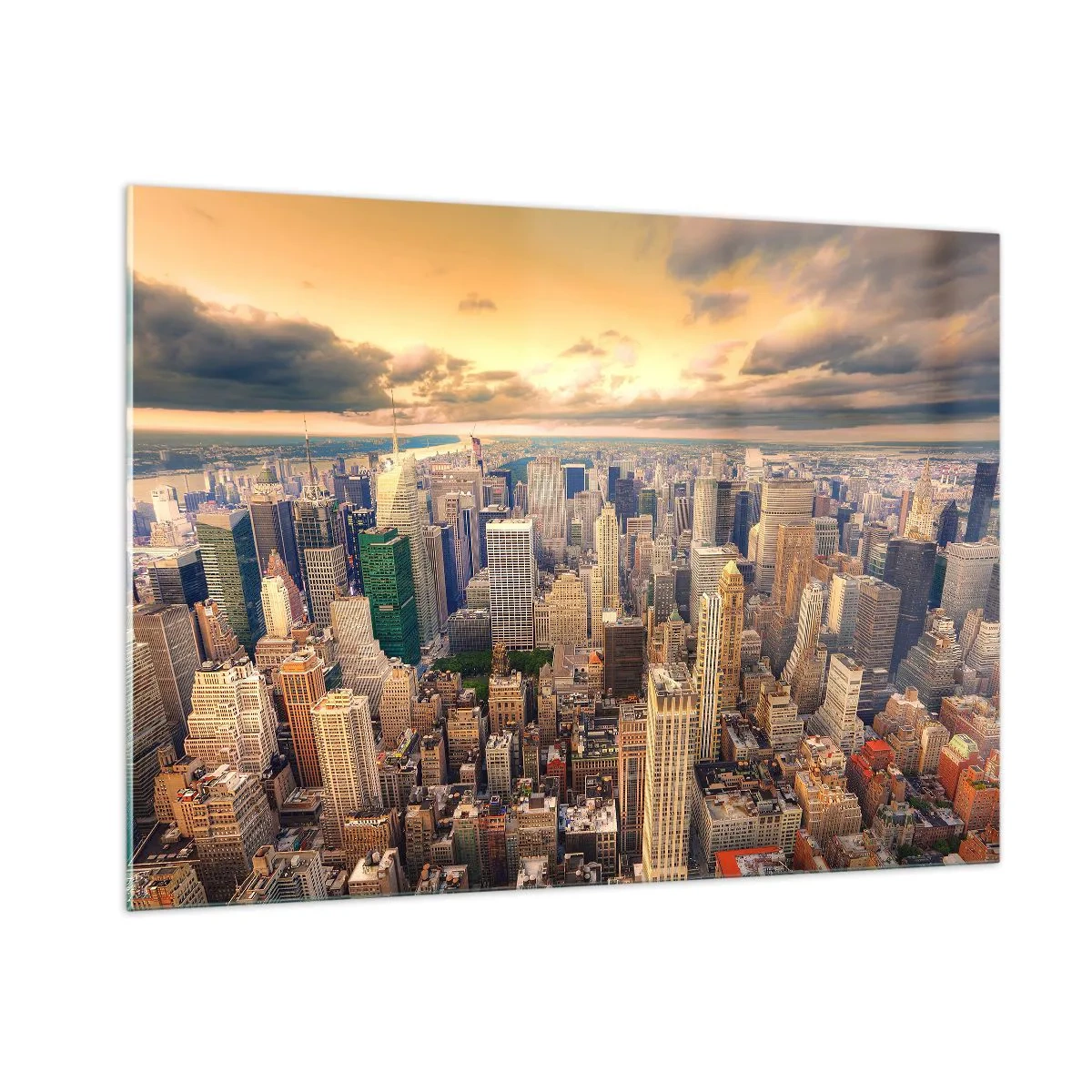 Quadro su vetro - Panorama della città con grattacieli al tramonto - 100x70cm - Metropolis dorata - Decorazione murale moderna per soggiorno e camera da letto ARTTOR