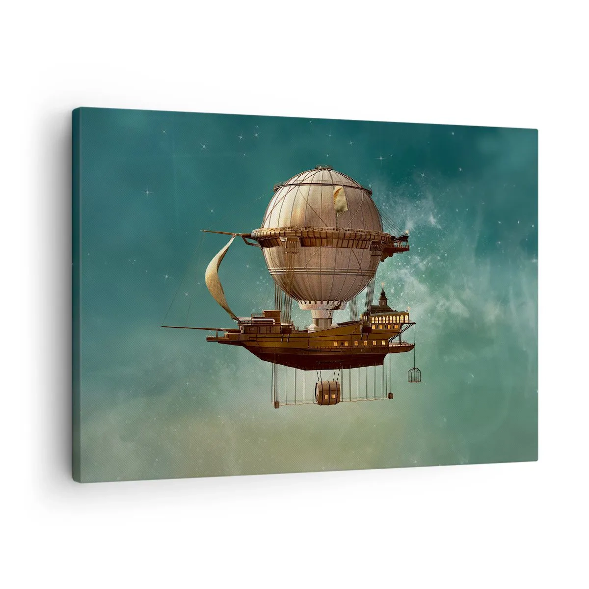 Quadro su tela - Stampe su Tela - Un fantastico dirigibile contro il cielo verdastro - 70x50cm - Saluti da Jules Verne - Decorazione murale moderna per soggiorno e camera da letto ARTTOR
